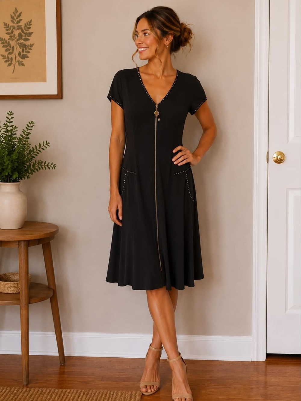 Joseph Ribkoff Black V‑Neck Zip‑Front Midi Dress with Stud Trim